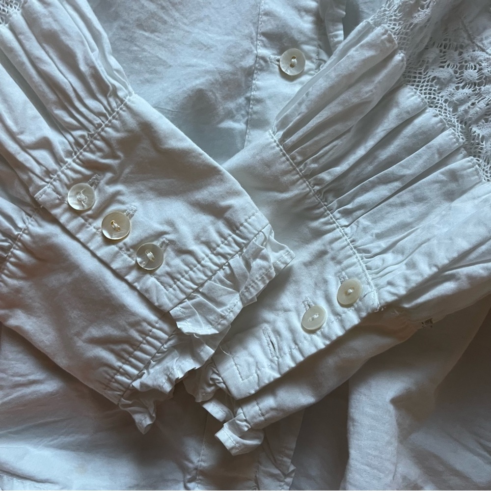 White Embroidered Cotton Blouse with Ruffle Collar - Picture 3 of 8